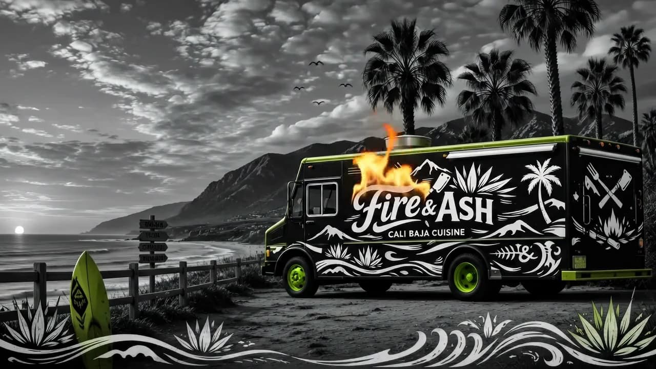 The Fire & Ash truck parked at a coastal overlook at sunset, flame rising from the chimney above its griddle, a lime surfboard and a weathered signpost standing in the foreground, against a shoreline of palms, cliffs and breaking surf.